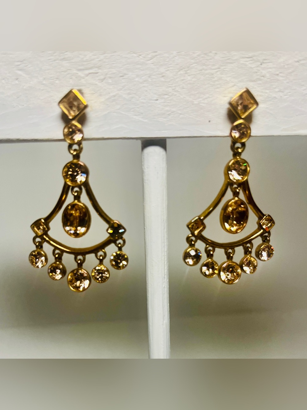 Vintage Signed GIVENCHY Champagne & Amber Swarovski Crystal Fan Drop Earrings - Picture 4 of 8